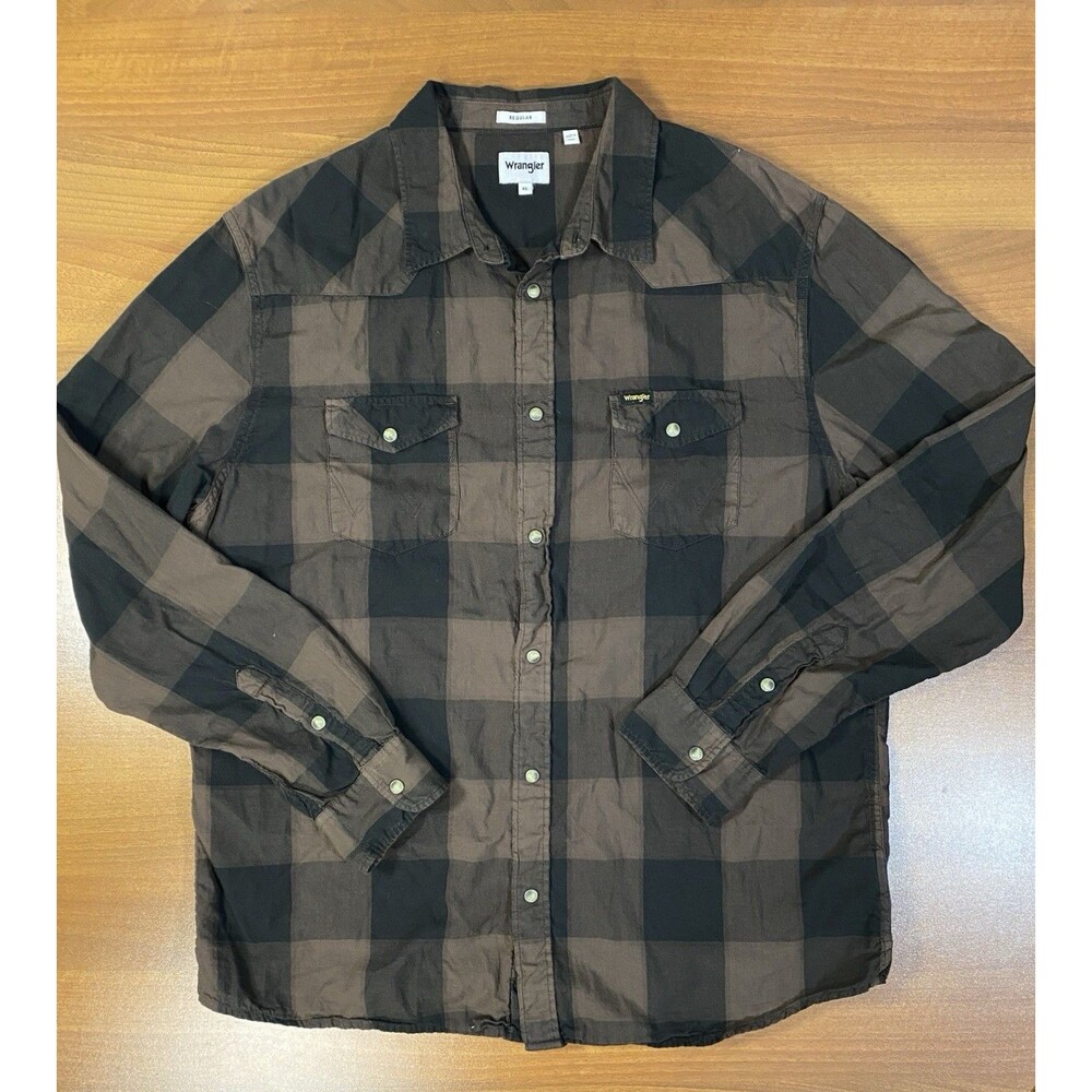 Wrangler Pearl Snap Shirt Men’s XL Buffalo Plaid Brown Black Western Cowboy
